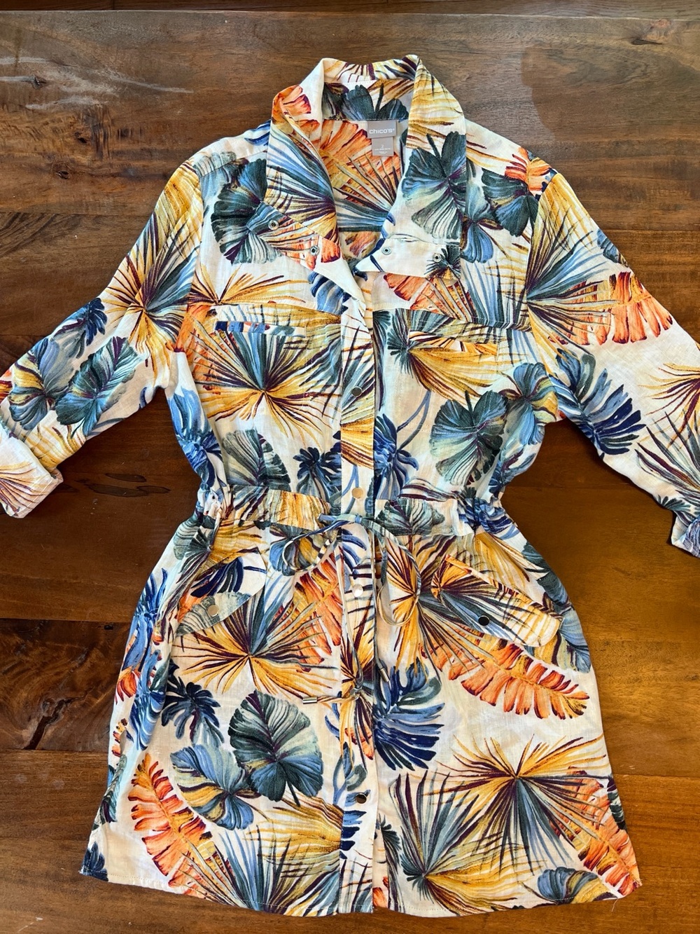 Chico's Sz 2 (12/14) Tropical Floral 100% Linen Dress Snap Button Drawstring